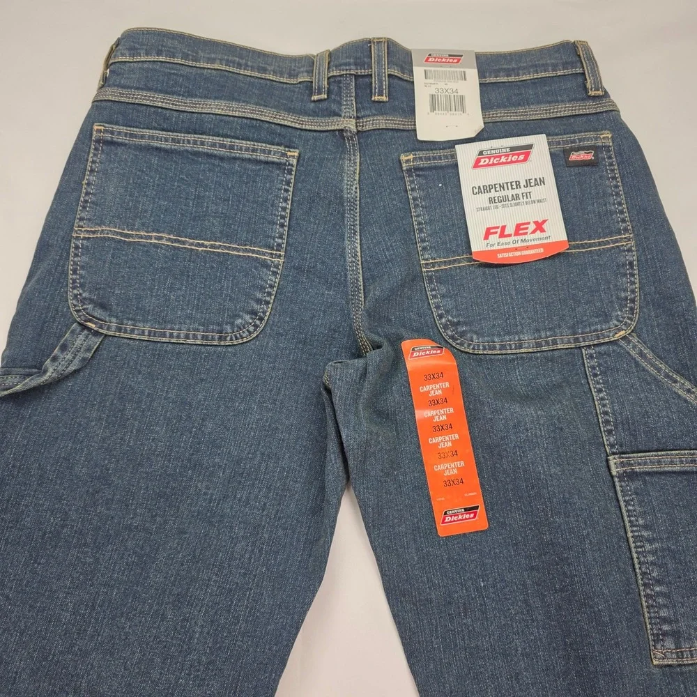 New Genuine Dickies Carpenter Jeans Mens 33x34 Blue Flex Regular‎ Fit Straight